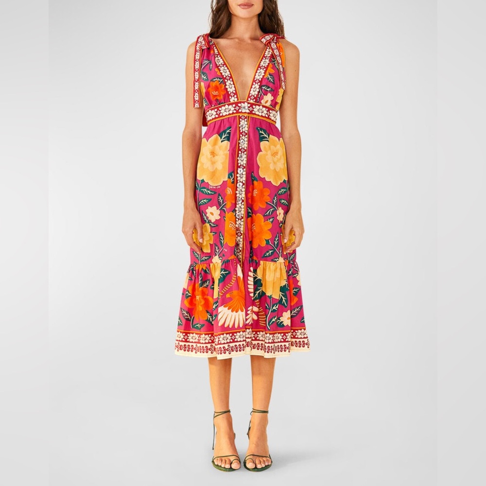 Farm Rio flower cotton floral button tapestry midi dress size S